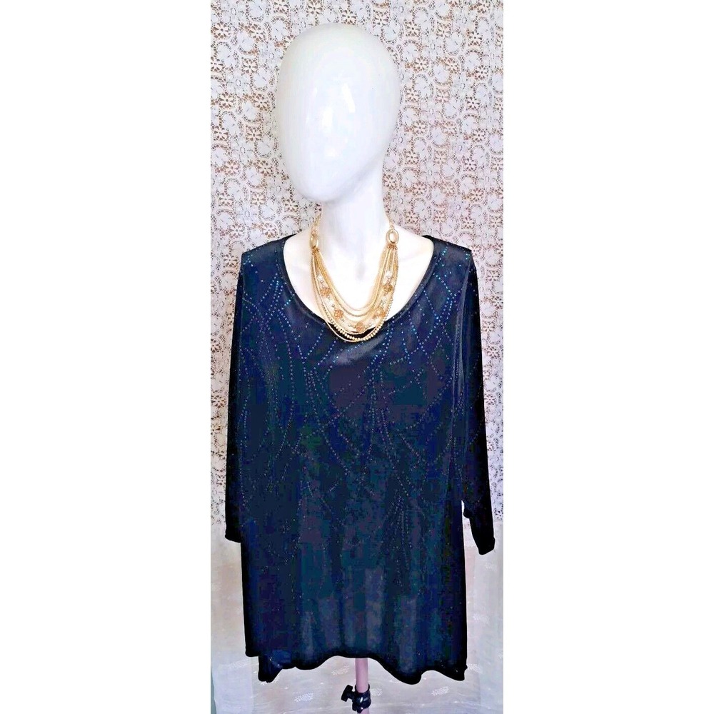 Elementz‎ Women's Size 3X Top Black Velvet Metallic Pullover Asymmetrical Hem